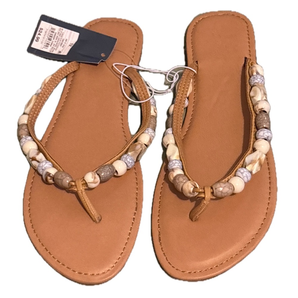 NWT Tan Beaded Universal Thread Cindy Sandals. Rubber Soles Size 12